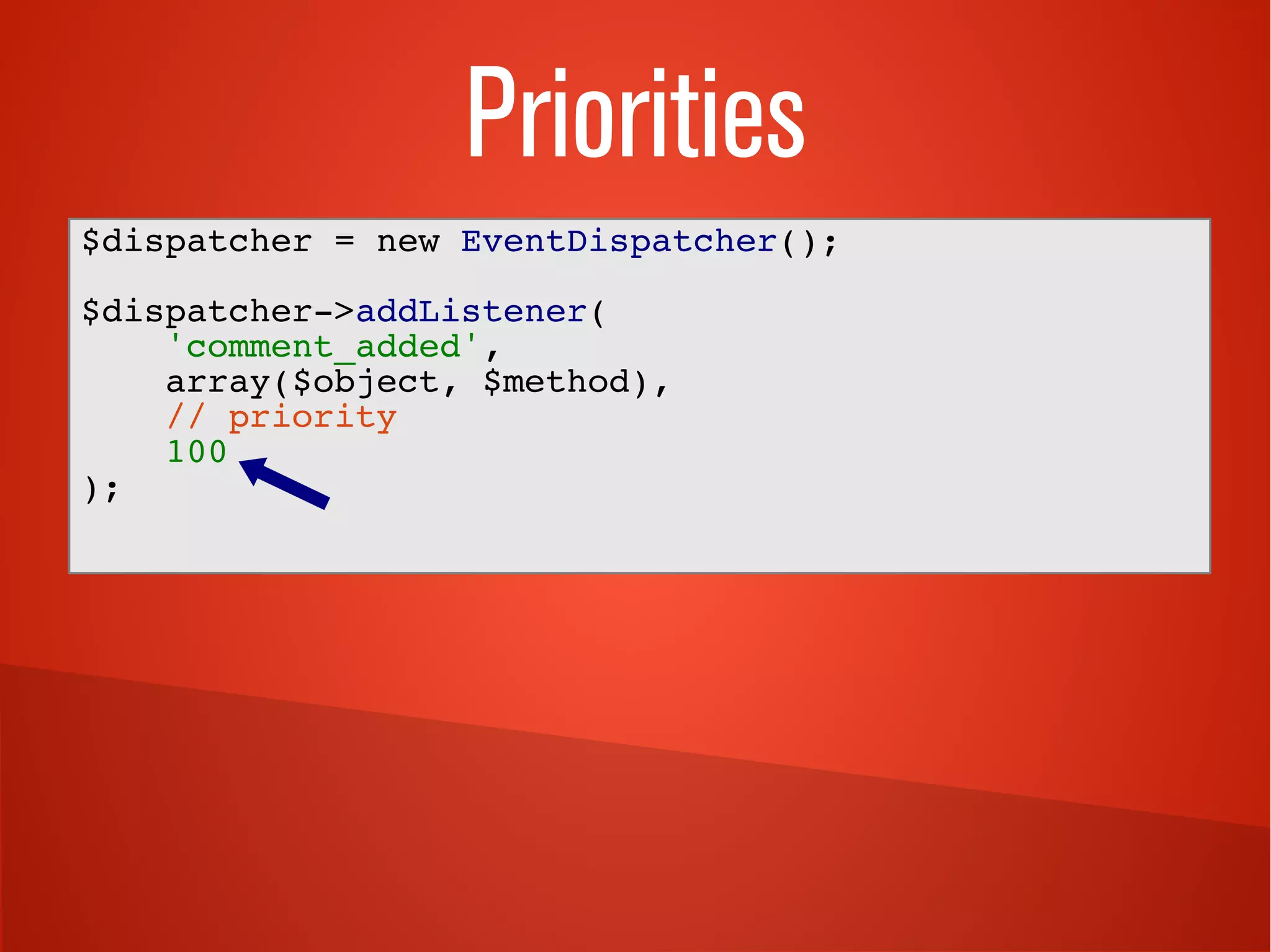 Priorities
$dispatcher = new EventDispatcher();
$dispatcher->addListener(
'comment_added',
array($object, $method),
// priority
100
);
 