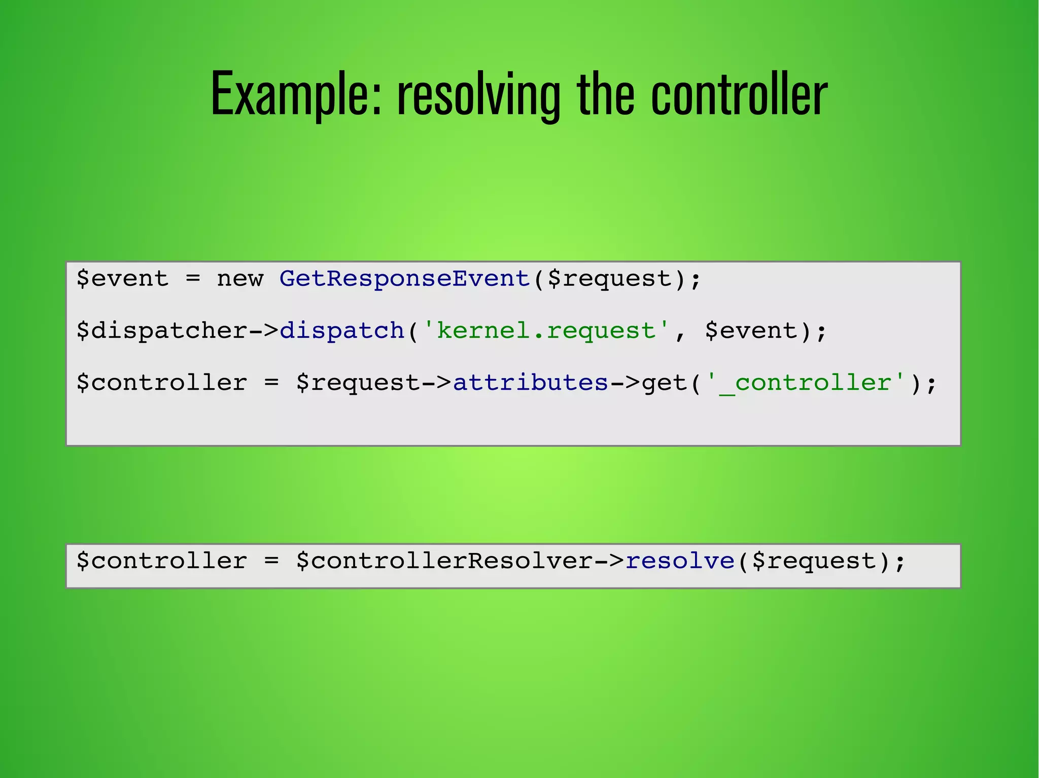 Example: resolving the controller
$event = new GetResponseEvent($request);
$dispatcher->dispatch('kernel.request', $event);
$controller = $request->attributes->get('_controller');
$controller = $controllerResolver->resolve($request);
 