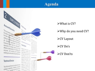 Agenda
What is CV?
Why do you need CV?
CV Layout
CV Do’s
CV Don’ts
 