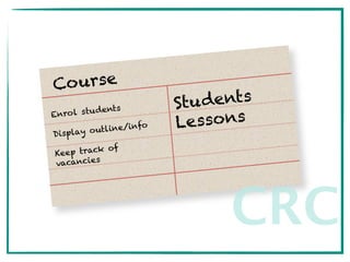Course
Students
LessonsEnrol students
Display outline/info
Keep track of
vacancies
CRC
 