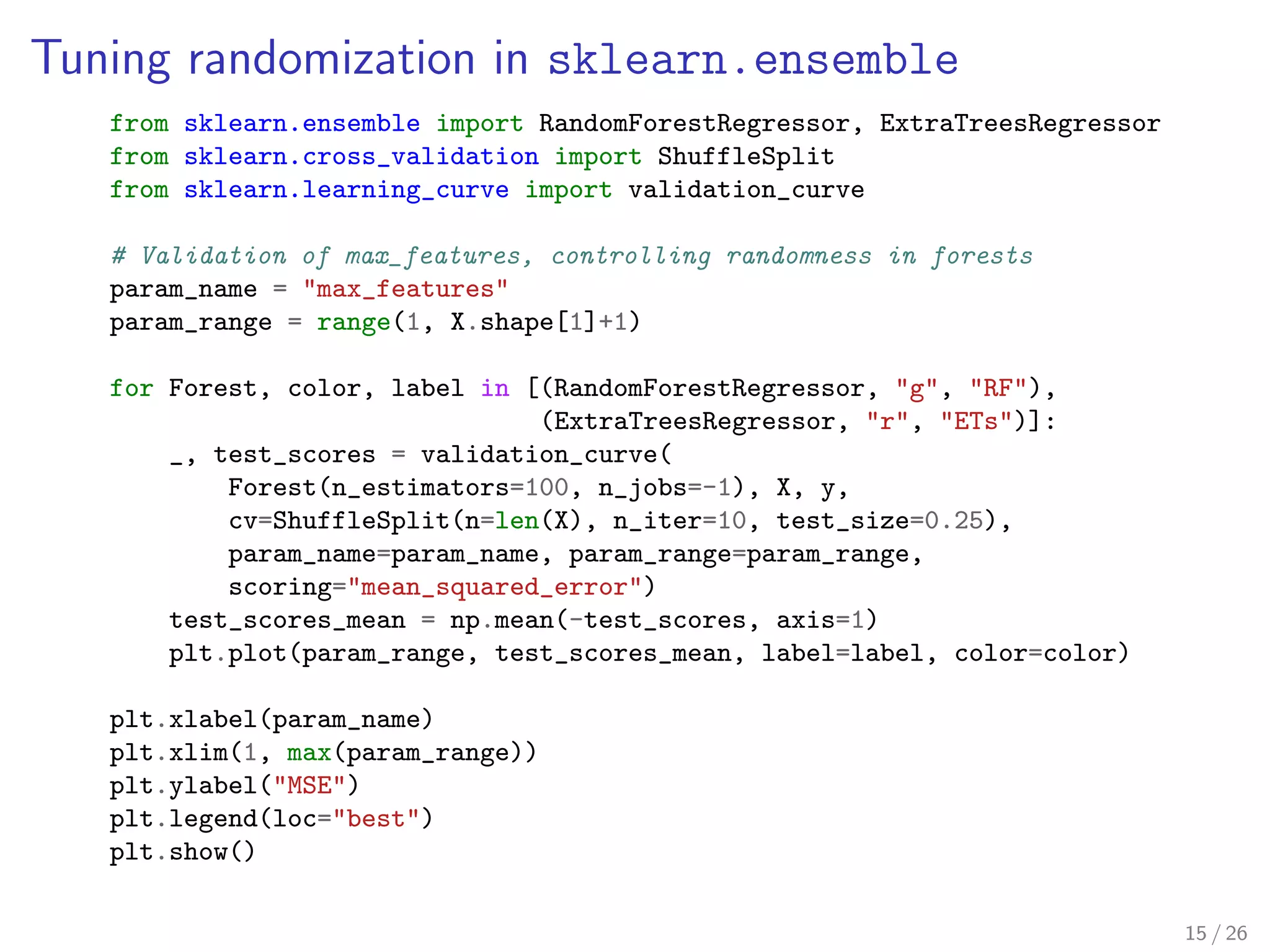 Tuning randomization in sklearn.ensemble
from sklearn.ensemble import RandomForestRegressor, ExtraTreesRegressor
from sklearn.cross_validation import ShuffleSplit
from sklearn.learning_curve import validation_curve
# Validation of max_features, controlling randomness in forests
param_name = "max_features"
param_range = range(1, X.shape[1]+1)
for Forest, color, label in [(RandomForestRegressor, "g", "RF"),
(ExtraTreesRegressor, "r", "ETs")]:
_, test_scores = validation_curve(
Forest(n_estimators=100, n_jobs=-1), X, y,
cv=ShuffleSplit(n=len(X), n_iter=10, test_size=0.25),
param_name=param_name, param_range=param_range,
scoring="mean_squared_error")
test_scores_mean = np.mean(-test_scores, axis=1)
plt.plot(param_range, test_scores_mean, label=label, color=color)
plt.xlabel(param_name)
plt.xlim(1, max(param_range))
plt.ylabel("MSE")
plt.legend(loc="best")
plt.show()
15 / 26
 