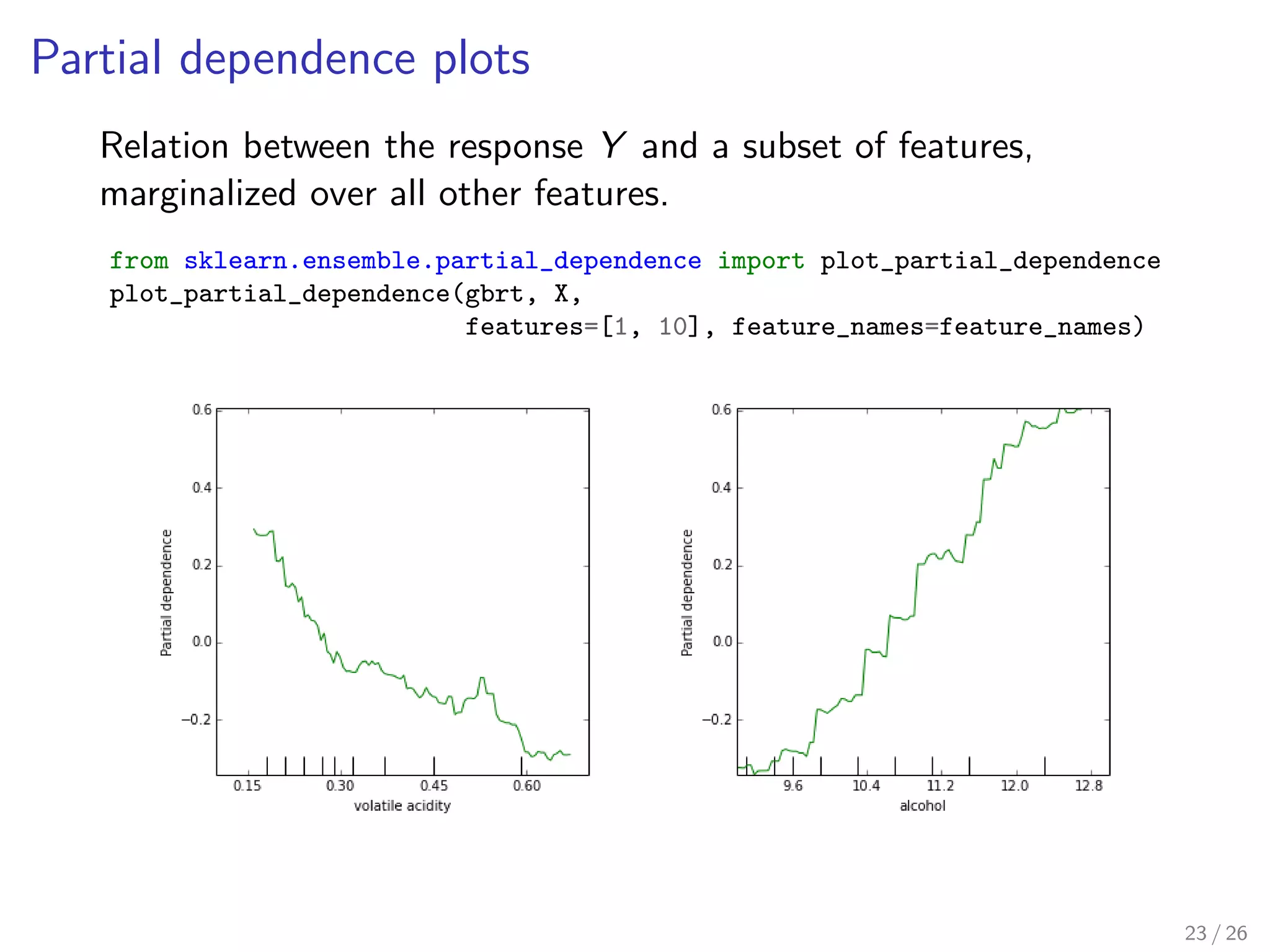 Partial dependence plots
Relation between the response Y and a subset of features,
marginalized over all other features.
from sklearn.ensemble.partial_dependence import plot_partial_dependence
plot_partial_dependence(gbrt, X,
features=[1, 10], feature_names=feature_names)
23 / 26
 