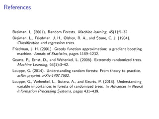 References
Breiman, L. (2001). Random Forests. Machine learning, 45(1):5–32.
Breiman, L., Friedman, J. H., Olshen, R. A., and Stone, C. J. (1984).
Classiﬁcation and regression trees.
Friedman, J. H. (2001). Greedy function approximation: a gradient boosting
machine. Annals of Statistics, pages 1189–1232.
Geurts, P., Ernst, D., and Wehenkel, L. (2006). Extremely randomized trees.
Machine Learning, 63(1):3–42.
Louppe, G. (2014). Understanding random forests: From theory to practice.
arXiv preprint arXiv:1407.7502.
Louppe, G., Wehenkel, L., Sutera, A., and Geurts, P. (2013). Understanding
variable importances in forests of randomized trees. In Advances in Neural
Information Processing Systems, pages 431–439.
 