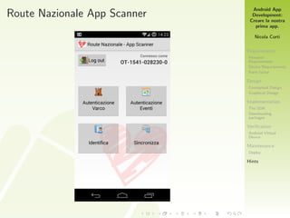 Android App
Development:
Creare la nostra
prima app.
Nicola Corti
Requirements
Personal
Requirements
Device Requirements
Form factor
Design
Conceptual Design
Graphical Design
Implementation
The SDK
Downloading
packages
Veriﬁcation
Android Virtual
Device
Maintenance
Deploy
Hints
Route Nazionale App Scanner
 