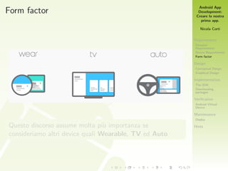 Android App
Development:
Creare la nostra
prima app.
Nicola Corti
Requirements
Personal
Requirements
Device Requirements
Form factor
Design
Conceptual Design
Graphical Design
Implementation
The SDK
Downloading
packages
Veriﬁcation
Android Virtual
Device
Maintenance
Deploy
Hints
Form factor
Questo discorso assume molta pi`u importanza se
consideriamo altri device quali Wearable, TV ed Auto
 