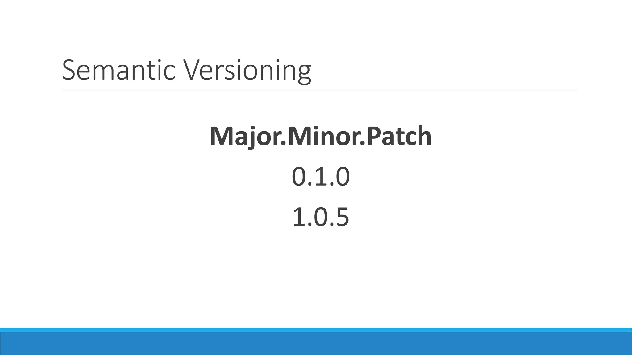 Semantic Versioning
Major.Minor.Patch
0.1.0
1.0.5
 