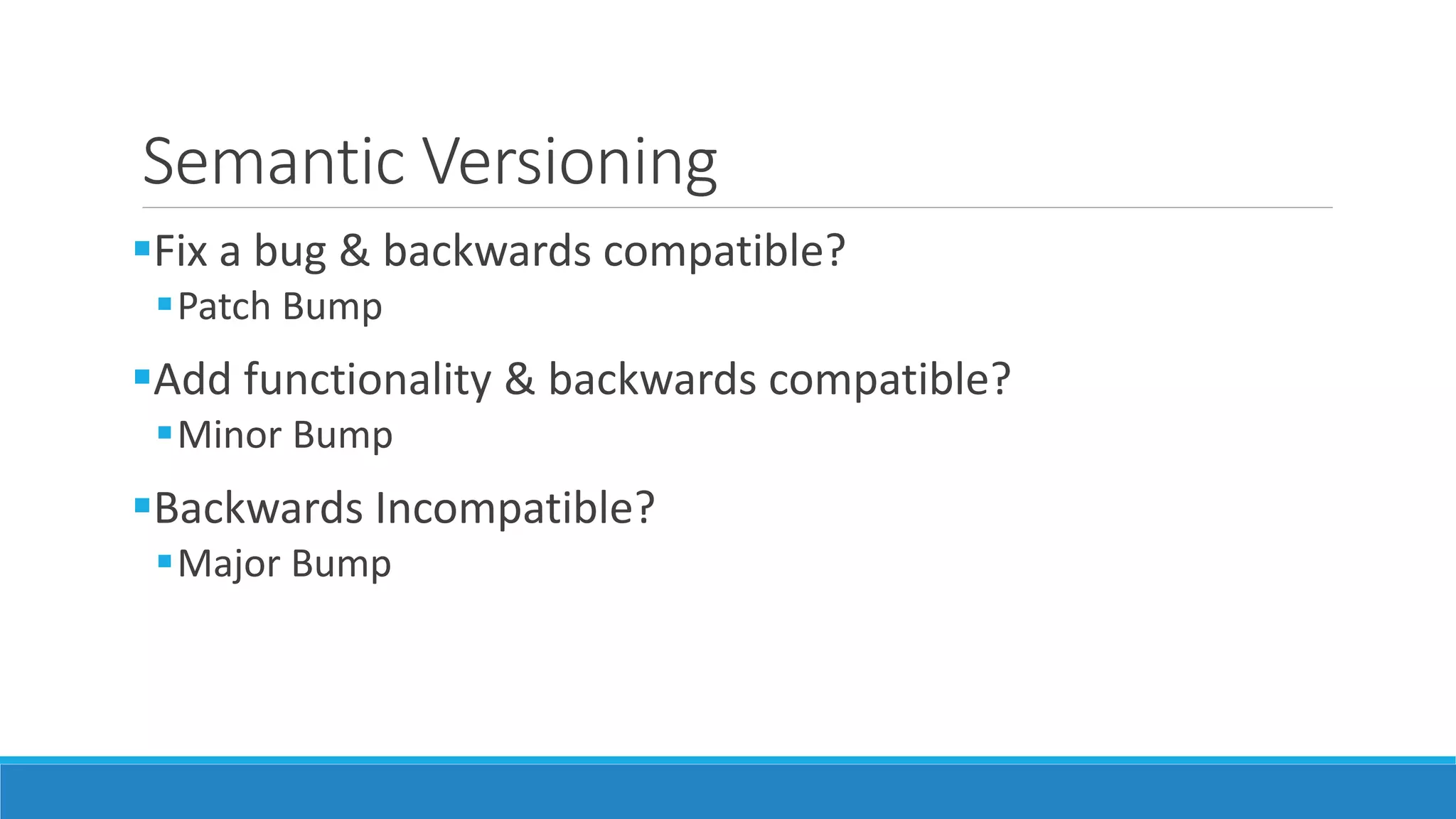 Semantic Versioning
Fix a bug & backwards compatible?
Patch Bump
Add functionality & backwards compatible?
Minor Bump
Backwards Incompatible?
Major Bump
 