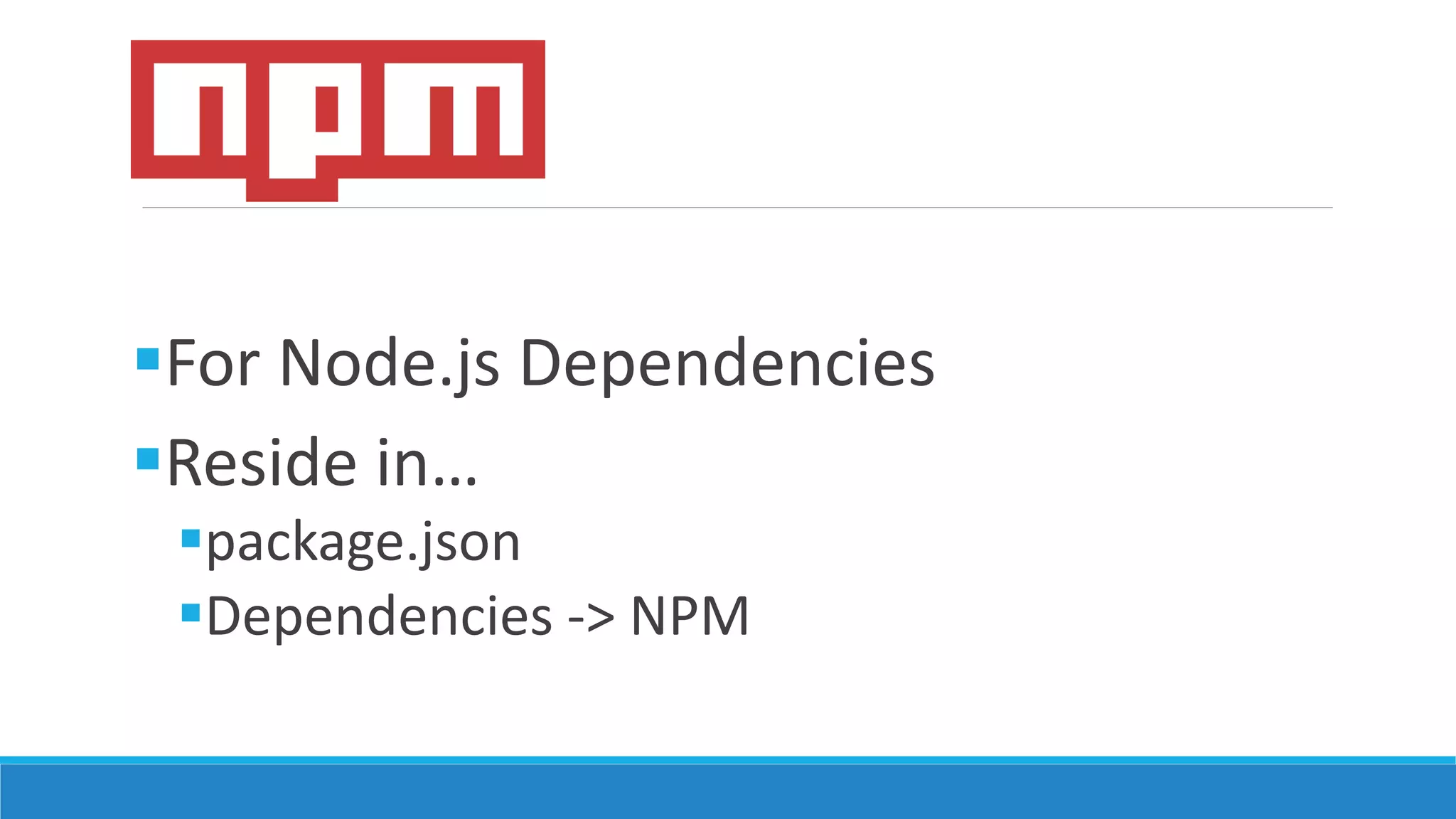 For Node.js Dependencies
Reside in…
package.json
Dependencies -> NPM
 