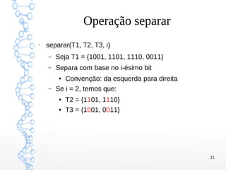 11
Operação separar
●
separar(T1, T2, T3, i)
– Seja T1 = {1001, 1101, 1110, 0011}
– Separa com base no i-ésimo bit
● Convenção: da esquerda para direita
– Se i = 2, temos que:
● T2 = {1101, 1110}
● T3 = {1001, 0011}
 