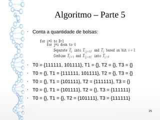 25
Algoritmo – Parte 5
●
Conta a quantidade de bolsas:
●
T0 = {111111, 101111}, T1 = {}, T2 = {}, T3 = {}
●
T0 = {}, T1 = {111111, 101111}, T2 = {}, T3 = {}
●
T0 = {}, T1 = {101111}, T2 = {111111}, T3 = {}
●
T0 = {}, T1 = {101111}, T2 = {}, T3 = {111111}
●
T0 = {}, T1 = {}, T2 = {101111}, T3 = {111111}
 