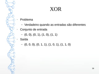 39
XOR
●
Problema
– Verdadeiro quando as entradas são diferentes
●
Conjunto de entrada
– (0, 0), (0, 1), (1, 0), (1, 1)
●
Saída
– (0, 0, 0), (0, 1, 1), (1, 0, 1), (1, 1, 0)
 