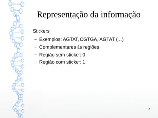 6
Representação da informação
●
Stickers
– Exemplos: AGTAT, CGTGA, AGTAT (…)
– Complementares às regiões
– Região sem sticker: 0
– Região com sticker: 1
 