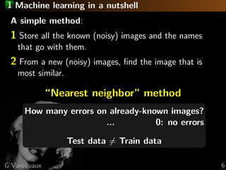 1 Machine learning in a nutshell
A simple method:
1 Store all the known (noisy) images and the names
that go with them.
2 ...
