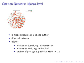 .....
.
....
.
....
.
.....
.
....
.
....
.
....
.
.....
.
....
.
....
.
....
.
.....
.
....
.
....
.
....
.
.....
.
....
.
.....
.
....
.
....
.
Citation Network: Macro-level
▶ 2-mode (document, ancient author)
▶ directed network
▶ edges:
▶ mention of author, e.g. as Homer says
▶ mention of work, e.g. in the Iliad
▶ citation of passage, e.g. such as Hom. Il. 1.1
 