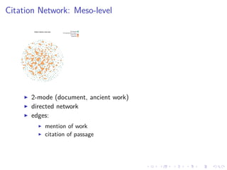 .....
.
....
.
....
.
.....
.
....
.
....
.
....
.
.....
.
....
.
....
.
....
.
.....
.
....
.
....
.
....
.
.....
.
....
.
.....
.
....
.
....
.
Citation Network: Meso-level
▶ 2-mode (document, ancient work)
▶ directed network
▶ edges:
▶ mention of work
▶ citation of passage
 