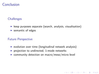 .....
.
....
.
....
.
.....
.
....
.
....
.
....
.
.....
.
....
.
....
.
....
.
.....
.
....
.
....
.
....
.
.....
.
....
.
.....
.
....
.
....
.
Conclusion
Challenges
▶ keep purposes separate (search, analysis, visualisation)
▶ semantic of edges
Future Perspective
▶ evolution over time (longitudinal network analysis)
▶ projection to undirected, 1-mode networks
▶ community detection on macro/meso/micro level
 