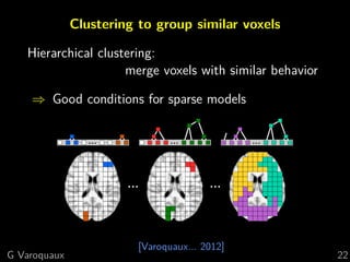 [Varoquaux... 2012]
Clustering to group similar voxels
Hierarchical clustering:
merge voxels with similar behavior
⇒ Good conditions for sparse models
G Varoquaux 22
 