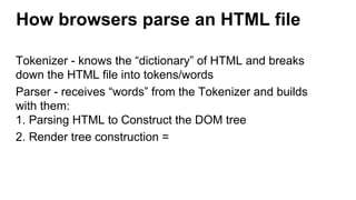 How browsers parse an HTML file
Tokenizer - knows the “dictionary” of HTML and breaks
down the HTML file into tokens/words
Parser - receives “words” from the Tokenizer and builds
with them:
1. Parsing HTML to Construct the DOM tree
2. Render tree construction =
 