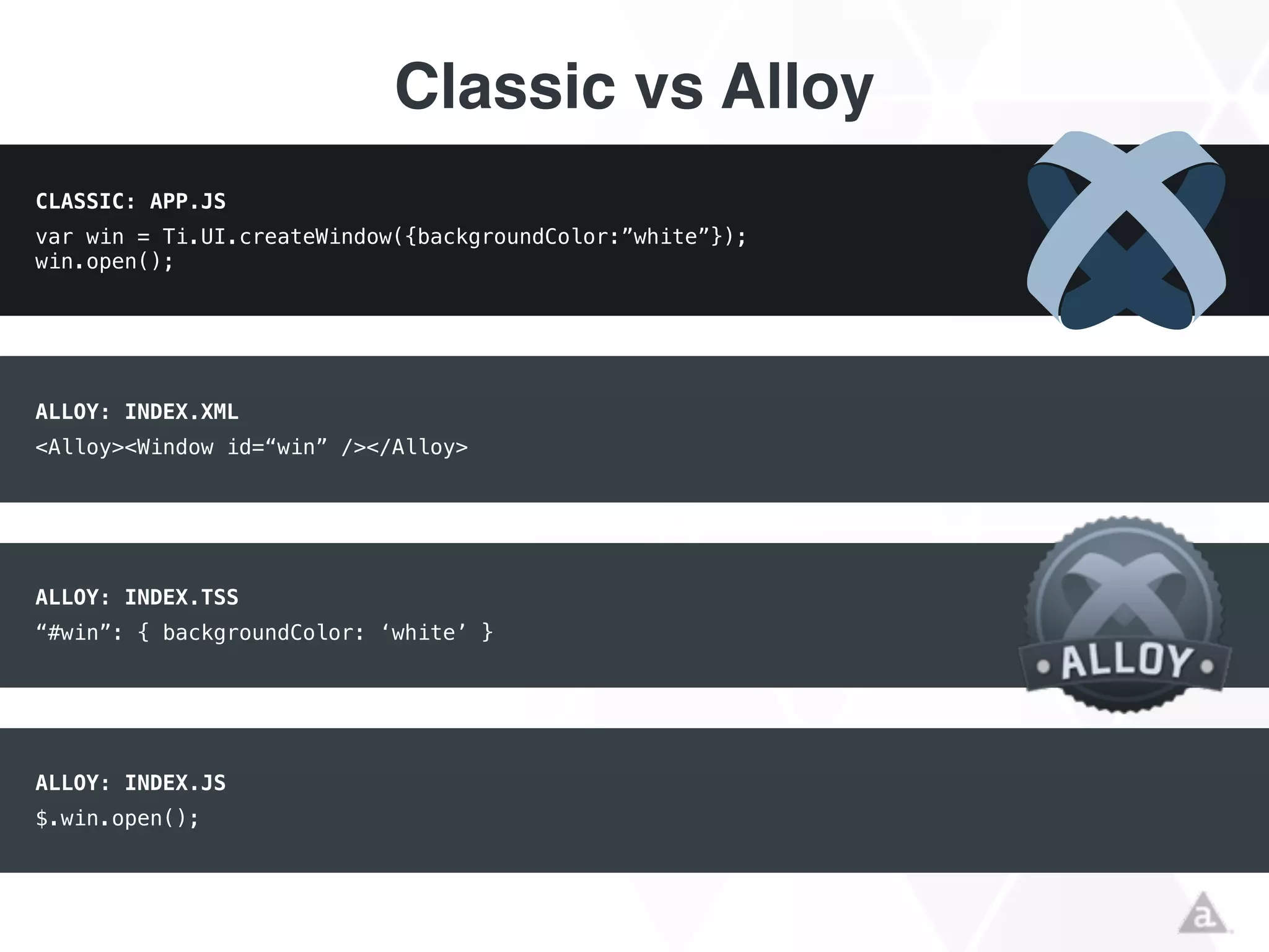 Classic vs Alloy
CLASSIC: APP.JS
var win = Ti.UI.createWindow({backgroundColor:”white”}); 
win.open();
ALLOY: INDEX.XML
<Alloy><Window id=“win” /></Alloy>
ALLOY: INDEX.TSS
“#win”: { backgroundColor: ‘white’ }
ALLOY: INDEX.JS
$.win.open();
 