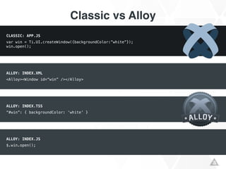 Classic vs Alloy
CLASSIC: APP.JS
var win = Ti.UI.createWindow({backgroundColor:”white”}); 
win.open();
ALLOY: INDEX.XML
<Alloy><Window id=“win” /></Alloy>
ALLOY: INDEX.TSS
“#win”: { backgroundColor: ‘white’ }
ALLOY: INDEX.JS
$.win.open();
 
