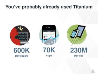 You’ve probably already used Titanium
600K!
Developers
230M!
Devices
70K!
Apps
 