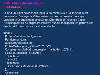 3-Structures des messages:
HELLOCLIENT :
Quand un client se connecte pour la première fois à un serveur, il est
nécessaire d'envoyer le ClientHello comme son premier message.
Le client peut également envoyer un ClientHello en réponse à une
HelloRequest ou de sa propre initiative afin de renégocier les paramètres
de sécurité dans une connexion existante
struct {
ProtocolVersion client_version;
Random random;
SessionID session_id;
CipherSuite cipher_suites<2..2^16-2>;
CompressionMethod compression_methods<1..2^8-1>;
select (extensions_present) {
case false:
struct {};
case true:
Extension extensions<0..2^16-1>
};
} ClientHello
 