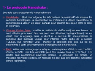 1- Le protocole Handshake :
Les trois sous-protocoles du Handshake sont :
a- Handshake : utilisé pour négocier les informations de session(ID de session, les
certificats homologues, la spécification de chiffrement à utiliser, l'algorithme de
compression à utiliser, un secret partagé pour générer des clés..) entre le client
et le serveur.
b- Change Cipher Spec : modifie le matériel de chiffrement(données brutes qui
sont utilisées pour créer des clés pour une utilisation cryptographique) qui est
utilisé pour le cryptage entre le client et le serveur. Ce sous-protocole se
compose d'un message unique pour informer l'autre partie de la session
TLS/SSL que l'émetteur veut changer la collection des clés. La clé est
determinée à partir des informations échangées par le handshake.
c- Alert : utilise des messages pour indiquer un changement d'état ou une condition
d'erreur à l'hôte. Une liste complète peut être trouvée dans le RFC 2246 . Les
alertes sont couramment envoyées lorsque : la connexion est fermée, un
message non valide est reçu, un message ne peut pas être déchiffré, l'utilisateur
annule l'opération.
 