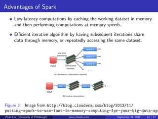 Advantages of Spark
Low-latency computations by caching the working dataset in memory
and then performing computations at memory speeds.
Eﬃcient iterative algorithm by having subsequent iterations share
data through memory, or repeatedly accessing the same dataset.
Figure 3: Image from http://blog.cloudera.com/blog/2013/11/
putting-spark-to-use-fast-in-memory-computing-for-your-big-data-app
Zitao Liu (University of Pittsburgh) www.zitaoliu.com September 24, 2015 14 / 17
 
