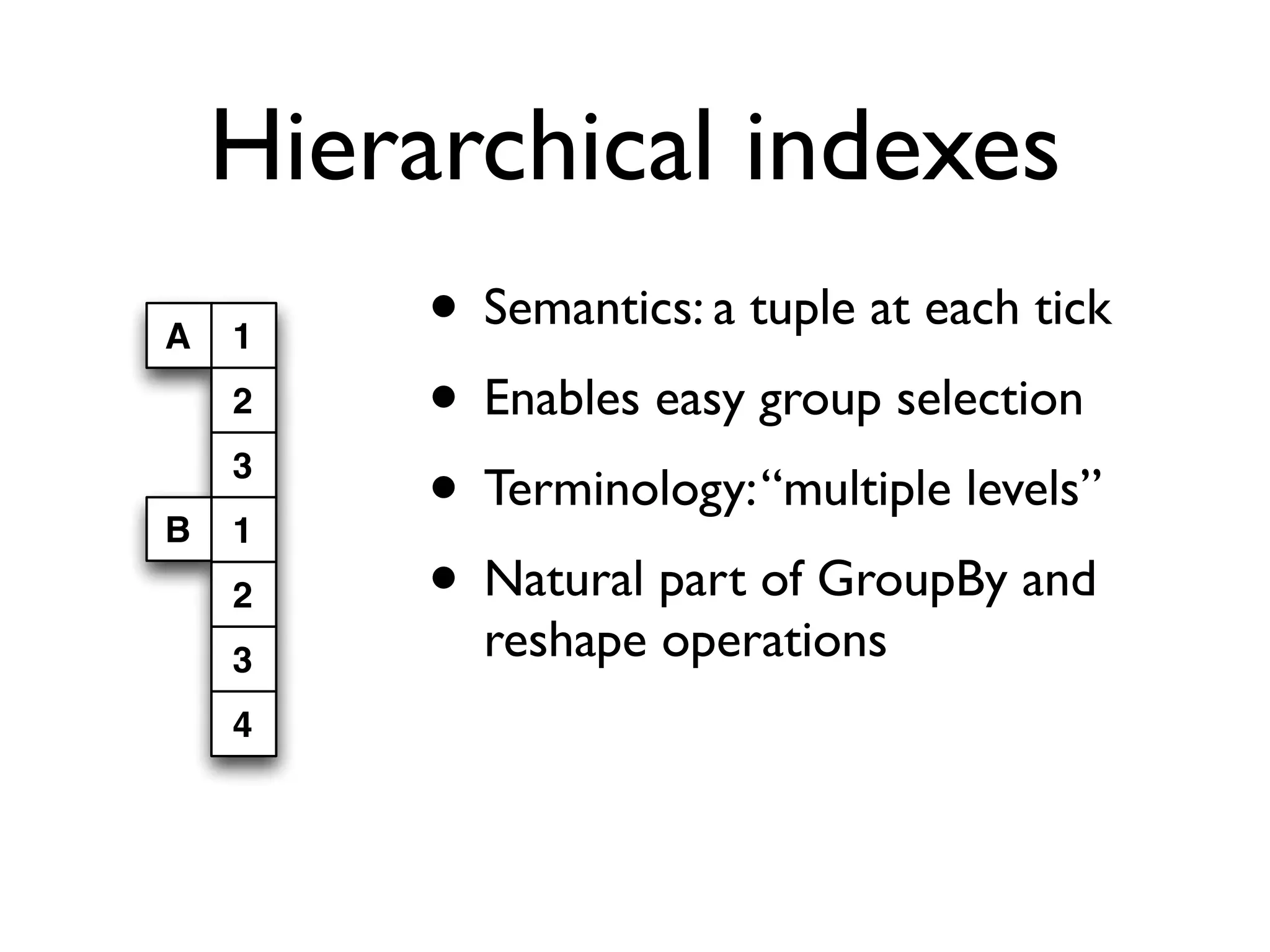 Hierarchical indexes • Semantics: a tuple at each tick • Enables easy group selection • Terminology:“multiple levels” • Natural part of GroupBy and reshape operations A 1 2 3 1 2 3 4 B 