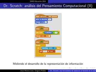 SIMO Educaci´on 2015
Dr. Scratch: an´alisis del Pensamiento Computacional (II)
Midiendo el desarrollo de la representaci´on de informaci´on
Jes´us Moreno Le´on, Gregorio Robles Dr. Scratch, una herramienta de asistencia al docente en la evalu
 