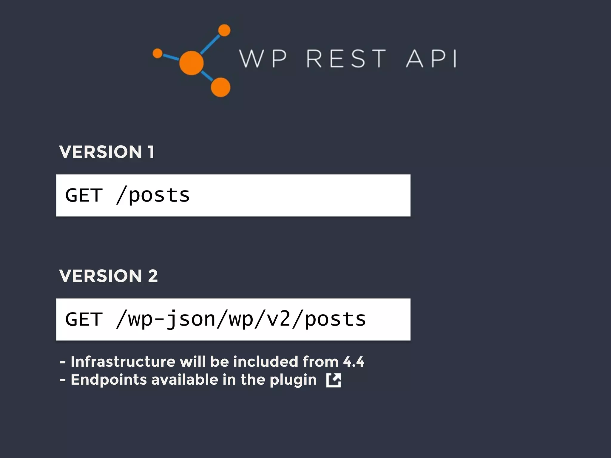 GET /posts
VERSION 1
GET /wp-json/wp/v2/posts
VERSION 2
- Infrastructure will be included from 4.4
- Endpoints available in the plugin
 