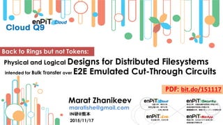 Back to Rings but not Tokens:
2015/11/17
Marat Zhanikeev
maratishe@gmail.com
IN研@熊本
PDF: bit.do/151117
Physical and Logical Designs for Distributed Filesystems
intended for Bulk Transfer over E2E Emulated Cut-Through Circuits
 