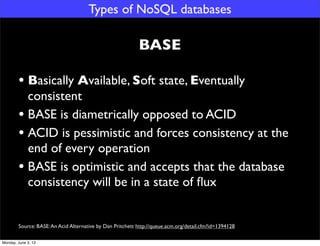 Types of NoSQL databases
BASE
Source: BASE:An Acid Alternative by Dan Pritchett http://queue.acm.org/detail.cfm?id=1394128...