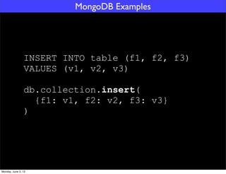 INSERT INTO table (f1, f2, f3)
VALUES (v1, v2, v3)
db.collection.insert(
{f1: v1, f2: v2, f3: v3}
)
MongoDB Examples
Monda...
