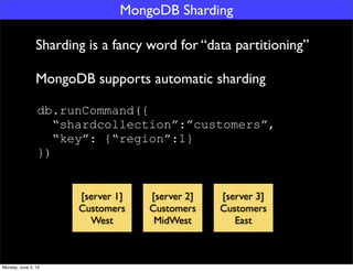 MongoDB Sharding
Sharding is a fancy word for “data partitioning”
MongoDB supports automatic sharding
[server 1]
Customers...