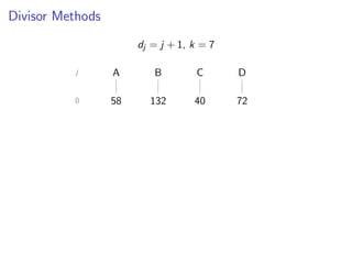 Divisor Methods
dj = j + 1, k = 7
j A B C D
0 58 132 40 72
 