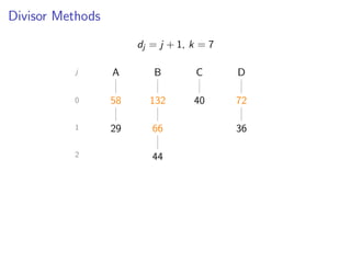 Divisor Methods
dj = j + 1, k = 7
j A B C D
0 58 132 40 72
1 66 36
2 44
29
 