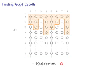 Finding Good Cutoﬀs
i
j
1 2 3 4 5 6 7 8
0
1
2
3
4
5
...
...
...
...
...
...
...
...
...
k
A :
Θ(kn) algorithm.
 