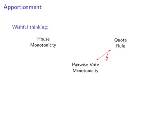 Apportionment
Wishful thinking:
Pairwise Vote
Monotonicity
House
Monotonicity
Quota
Rule
 