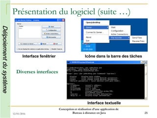 12/01/2016 25
Présentation du logiciel (suite …)
Interface textuelle
Interface fenêtrier Icône dans la barre des tâches
Diverses interfaces
Conception et réalisation d’une application de
Bureau à distance en Java
Délpoiementdusystème
 