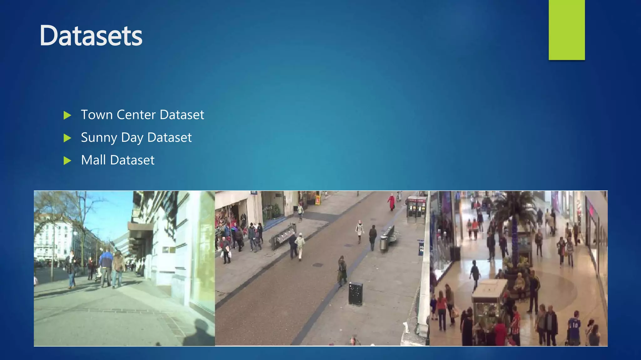 Datasets
 Town Center Dataset
 Sunny Day Dataset
 Mall Dataset
 