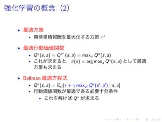 強化学習 概念（2）
▶ 最適方策
▶ 期待累積報酬 最大化 方策 π∗
▶ 最適行動価値関数
▶ Q∗(s, a) = Qπ∗
(s, a) = maxπ Qπ(s, a)
▶ 求 ，π(s) = arg maxa Q∗(s, a) 最適
方策 求
▶ Bellman 最適方程式
▶ Q∗(s, a) = Es′ [r + γ maxa′ Q∗(s′, a′) | s, a]
▶ 行動価値関数 最適 必要十分条件
▶ 解 Q∗ 求
 