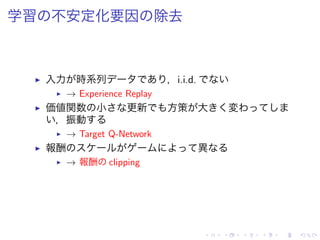 学習 不安定化要因 除去
▶ 入力 時系列 ，i.i.d.
▶ → Experience Replay
▶ 価値関数 小 更新 方策 大 変
，振動
▶ → Target Q-Network
▶ 報酬 異
▶ → 報酬 clipping
 