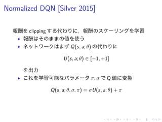 Normalized DQN [Silver 2015]
報酬 clipping 代 ，報酬 学習
▶ 報酬 値 使
▶ Q(s, a; θ) 代
U(s, a; θ) ∈ [−1, +1]
出力
▶ 学習可能 π, σ Q 値 変換
Q(s, a; θ, σ, π) = σU(s, a; θ) + π
 