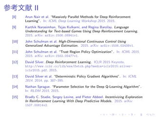 参考文献 II
[8] Arun Nair et al. “Massively Parallel Methods for Deep Reinforcement
Learning”. In: ICML Deep Learning Workshop 2015. 2015.
[9] Karthik Narasimhan, Tejas Kulkarni, and Regina Barzilay. Language
Understanding for Text-based Games Using Deep Reinforcement Learning.
2015. arXiv: arXiv:1506.08941v1.
[10] John Schulman et al. High-Dimensional Continuous Control Using
Generalized Advantage Estimation. 2015. arXiv: arXiv:1506.02438v1.
[11] John Schulman et al. “Trust Region Policy Optimization”. In: ICML 2015.
2015. arXiv: arXiv:1502.05477v1.
[12] David Silver. Deep Reinforcement Learning. ICLR 2015 Keynote.
http://www.iclr.cc/lib/exe/fetch.php?media=iclr2015:silver-
iclr2015.pdf. 2015.
[13] David Silver et al. “Deterministic Policy Gradient Algorithms”. In: ICML
2014. 2014, pp. 387–395.
[14] Nathan Sprague. “Parameter Selection for the Deep Q-Learning Algorithm”.
In: RLDM 2015. 2015.
[15] Bradly C. Stadie, Sergey Levine, and Pieter Abbeel. Incentivizing Exploration
In Reinforcement Learning With Deep Predictive Models. 2015. arXiv:
1507.00814v2.
 