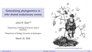 Generalizing phylogenetics to
infer shared evolutionary events
Jamie R. Oaks1,2
1Department of Biological Sciences, Auburn
University
2Department of Biology, University of Washington
March 31, 2016
c 2007 Boris Kulikov boris-kulikov.blogspot.com
Shared divergences Jamie Oaks – phyletica.org 1/35
 