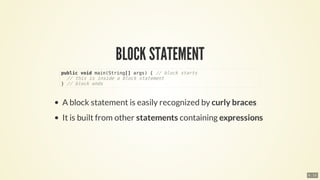 public	void	main(String[]	args)	{	//	block	starts
		//	this	is	inside	a	block	statement
}	//	block	ends
6 . 12
 