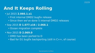 And It Keeps Rolling
• Jul 2015 2.066.1.s1
• First internal DMD2 bugfix release
• Since then we've done 5 internal DMD2 releases
• Sep 2015 D 1.077.s16 / 2.068.1
• Ocean migration complete
• Nov 2015 D 2.069.0
• DMD has been ported to D
• Bad for D1 bugfix backporting (still in C++, of course)
22/29
Sociomantic & D(u)
 