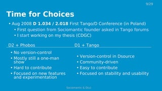 Time for Choices
• Aug 2008 D 1.034 / 2.018 First Tango/D Conference (in Poland)
• First question from Sociomantic founder asked in Tango forums
• I start working on my thesis (CDGC)
D2 + Phobos D1 + Tango
• No version-control
• Mostly still a one-man
show
• Hard to contribute
• Focused on new features
and experimentation
• Version-control in Dsource
• Community-driven
• Easy to contribute
• Focused on stability and usability
9/29
Sociomantic & D(u)
 