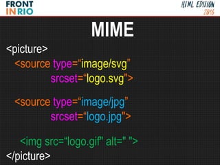 <picture>
<source type=“image/svg”
srcset=“logo.svg">
<source type=“image/jpg”
srcset=“logo.jpg">
<img src=“logo.gif" alt=" ">
</picture>
MIME
 